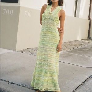 ZARA NEW CROCHET KNIT MIDI DRESS GREEN LIME GREEN S SMALL